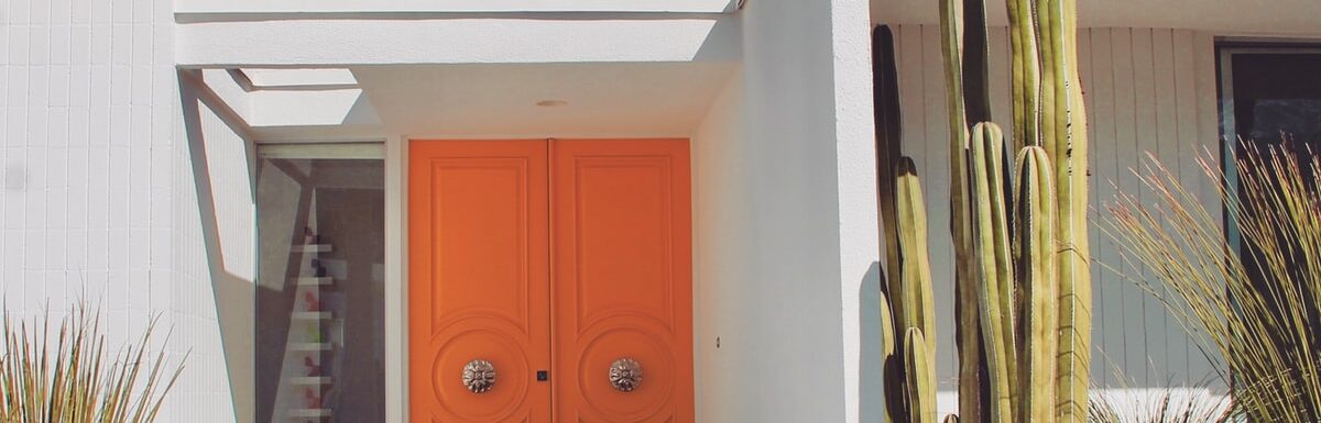 blue wooden door near green plants during daytime